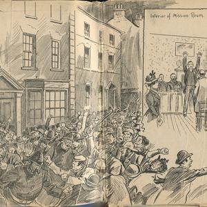 A magazine article titled “Mormon Baiting in Bristol” was published in the <em>Bristol Magpie</em> on 2 February 1899. This accompanying sketch depicts a mob surrounding the missionaries of the Bristol Conference, including Eliza Chipman and Inez Knight (in doorway), on 19 January 1899. See Chipman, Journal, 19 Jan. 1899. (MS 29199, Church History Library, Salt Lake City.)